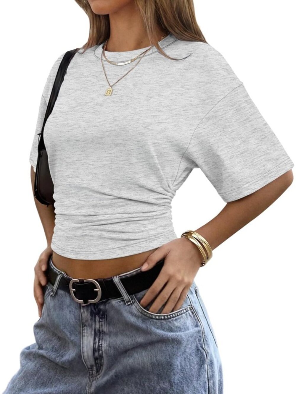 〽️Womens Light Grey Trendy Batwing Short Sleeve Ruched Waist Slim Fitted T Shirt